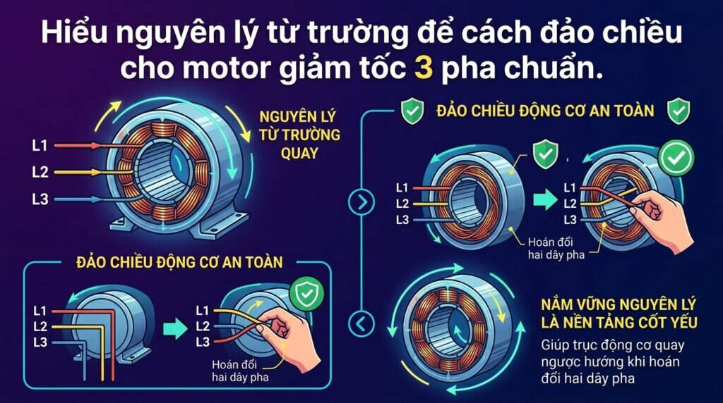 Hiểu nguyên lý từ trường để cách đảo chiều cho motor giảm tốc 3 pha chuẩn.