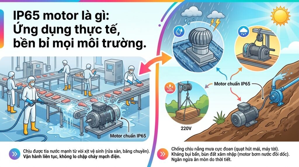 `IP65 motor là gì`: Ứng dụng thực tế, bền bỉ mọi môi trường.