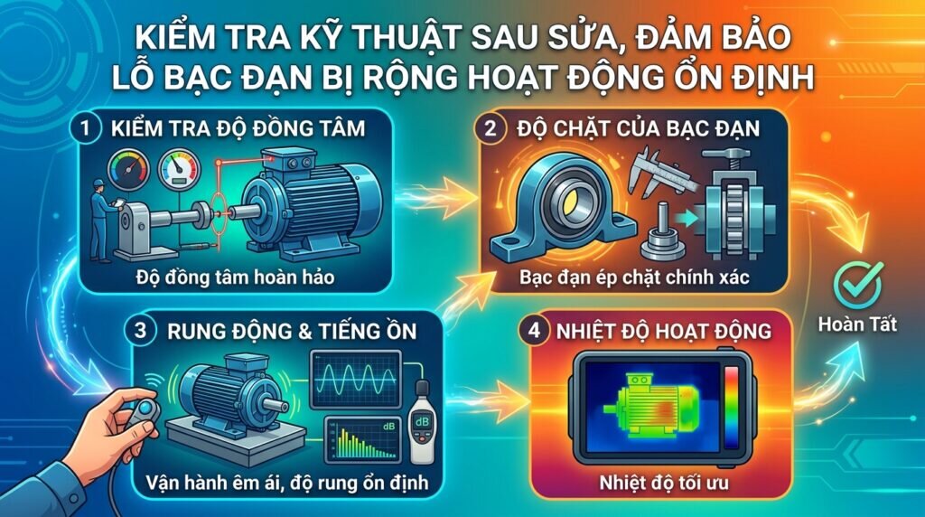 Kiểm tra kỹ thuật sau sửa, đảm bảo lỗ bạc đạn bị rộng hoạt động ổn định.
