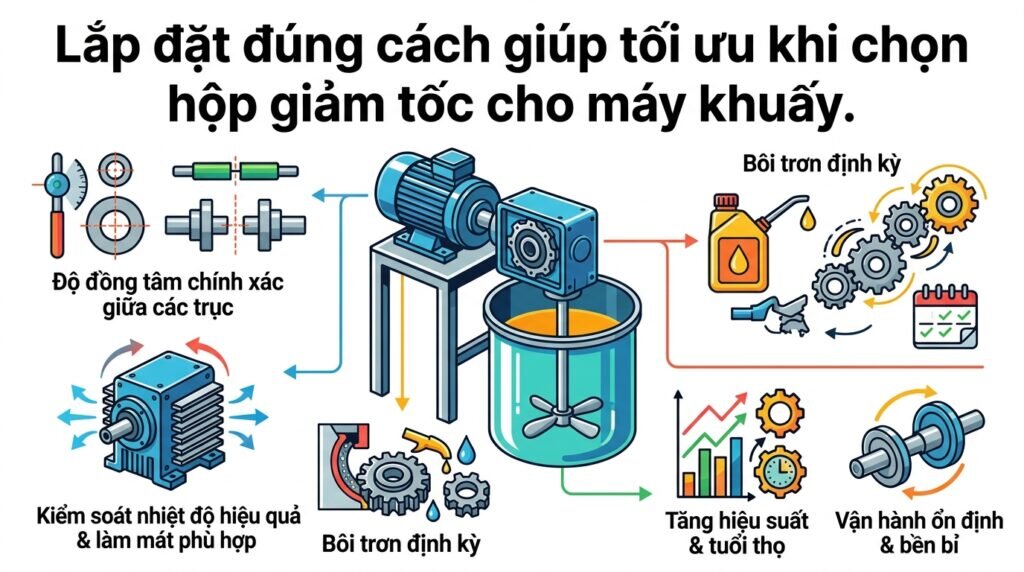 Lắp đặt đúng cách giúp tối ưu khi chọn hộp giảm tốc cho máy khuấy.