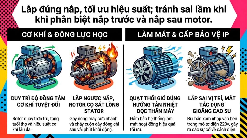 Lắp đúng nắp, tối ưu hiệu suất; tránh sai lầm khi phân biệt nắp trước và nắp sau motor.