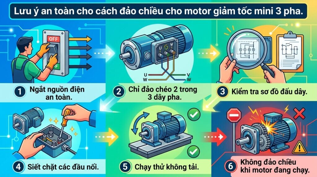 Lưu ý an toàn cho cách đảo chiều cho motor giảm tốc mini 3 pha.
