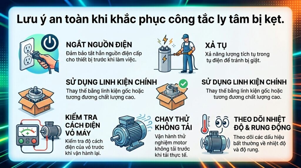 Lưu ý an toàn khi khắc phục công tắc ly tâm bị kẹt.