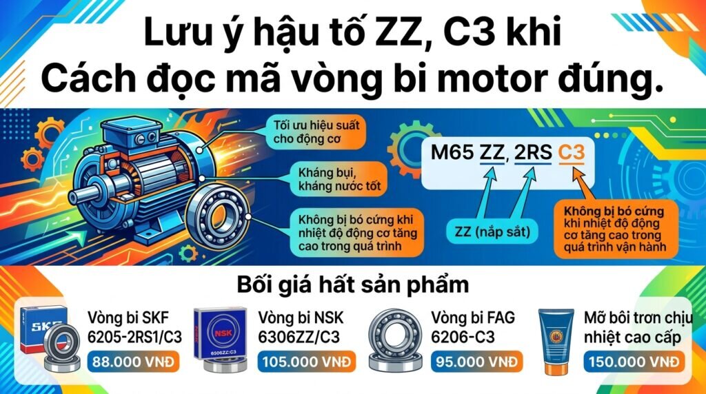 Lưu ý hậu tố ZZ, C3 khi Cách đọc mã vòng bi motor đúng.