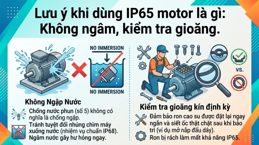 Lưu ý khi dùng `IP65 motor là gì`: Không ngâm, kiểm tra gioăng.