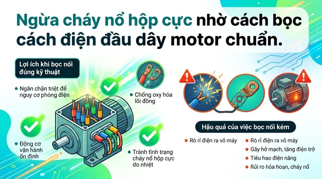 Ngừa cháy nổ hộp cực nhờ cách bọc cách điện đầu dây motor chuẩn.