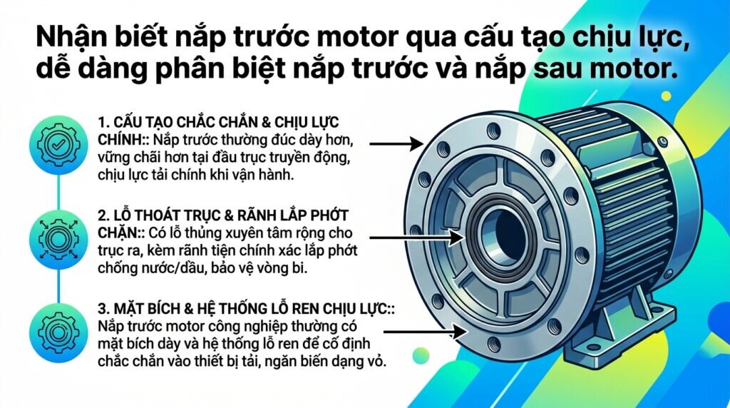 Nhận biết nắp trước motor qua cấu tạo chịu lực, dễ dàng phân biệt nắp trước và nắp sau motor.