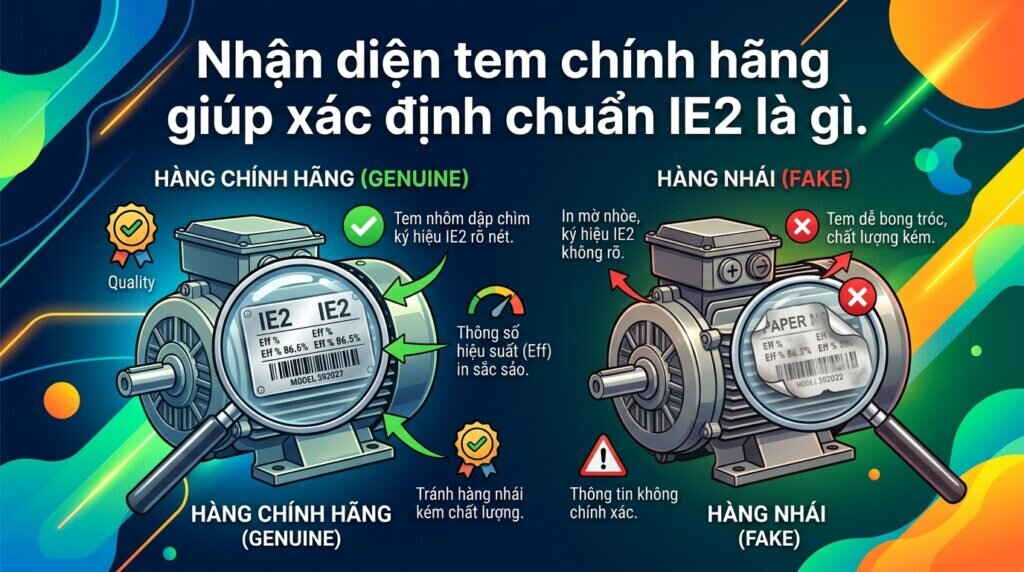 Nhận diện tem chính hãng giúp xác định chuẩn IE2 là gì.