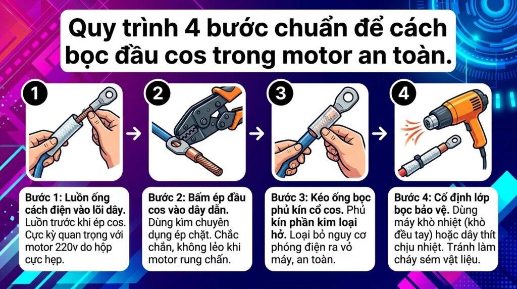 Quy trình 4 bước chuẩn để cách bọc đầu cos trong motor an toàn.