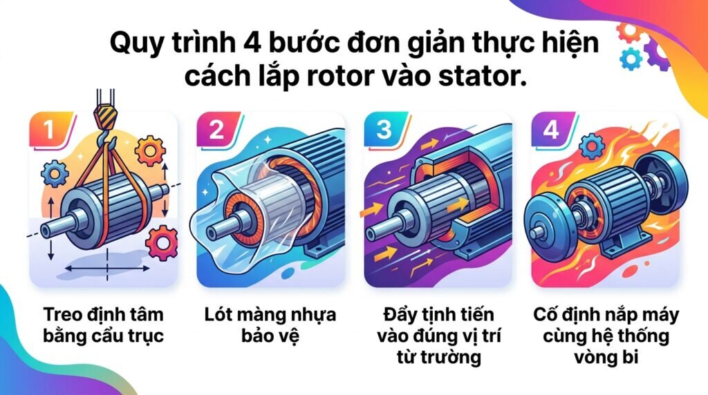Quy trình 4 bước đơn giản thực hiện cách lắp rotor vào stator.