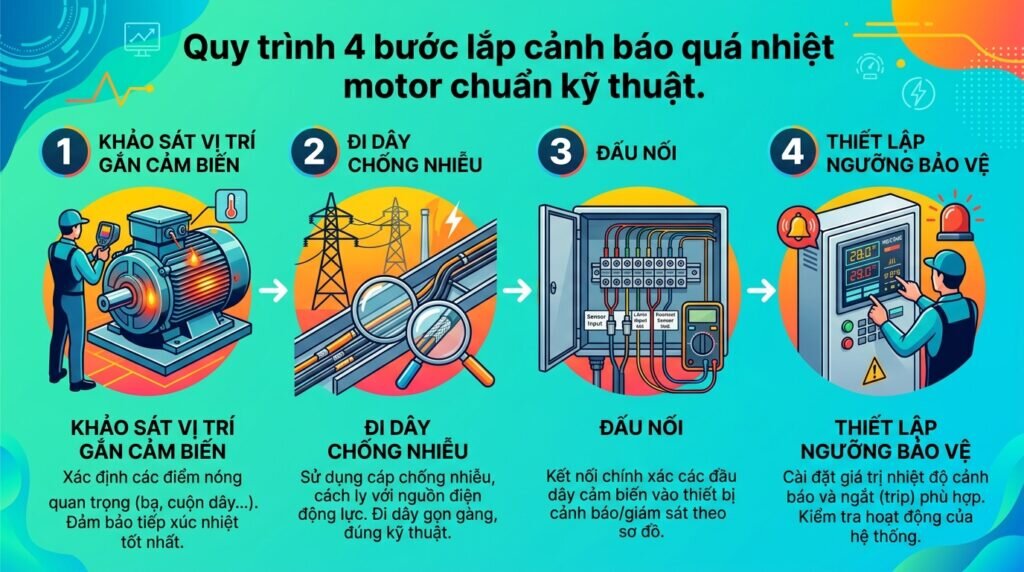 Quy trình 4 bước lắp cảnh báo quá nhiệt motor chuẩn kỹ thuật.