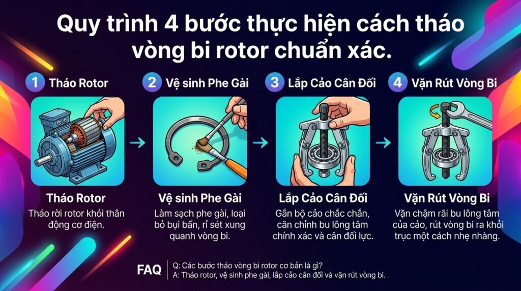 Quy trình 4 bước thực hiện cách tháo vòng bi rotor chuẩn xác.