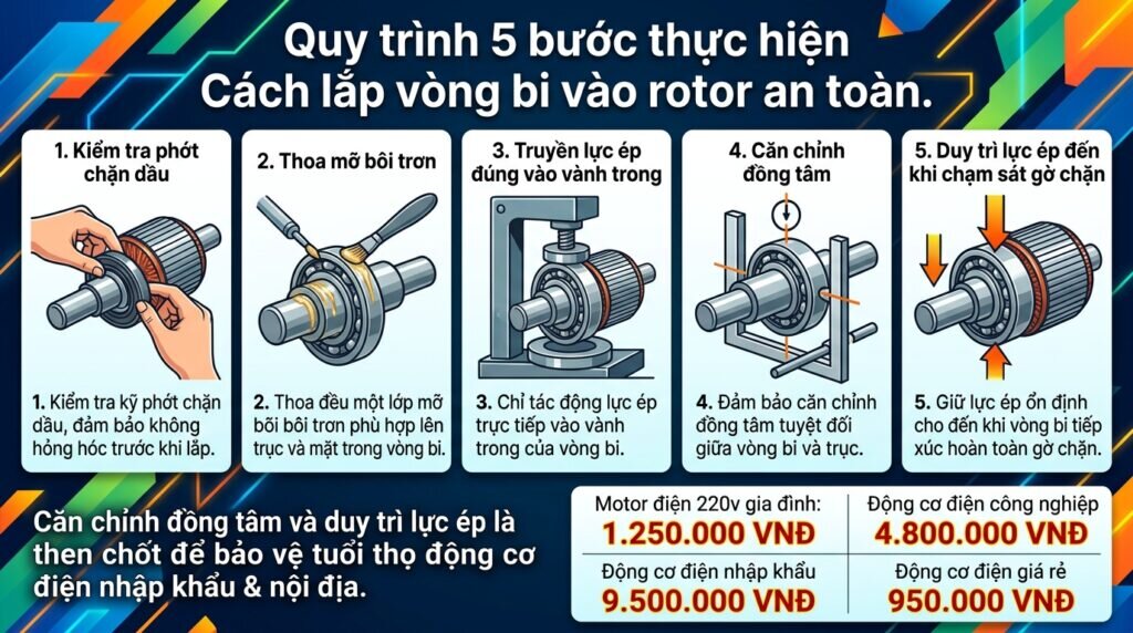 Quy trình 5 bước thực hiện Cách lắp vòng bi vào rotor an toàn.