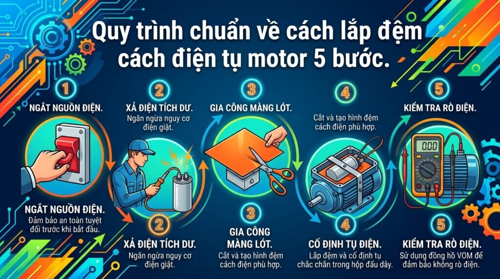 Quy trình chuẩn về cách lắp đệm cách điện tụ motor 5 bước.