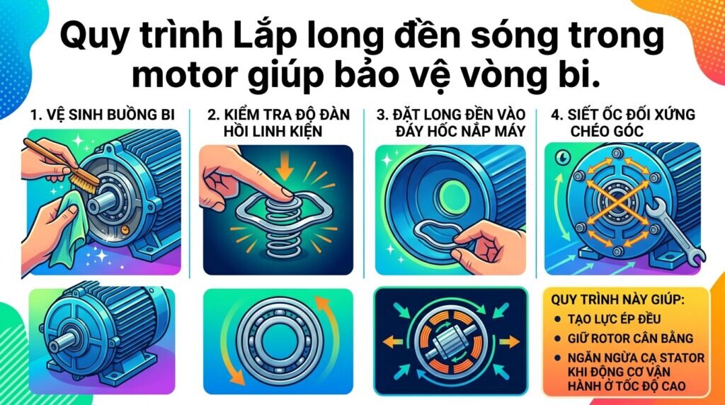 Quy trình Lắp long đền sóng trong motor giúp bảo vệ vòng bi.