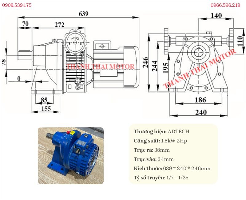 Specifications and drawing of the foot-mounted Mechanical Speed Variator 1.5kW 2Hp