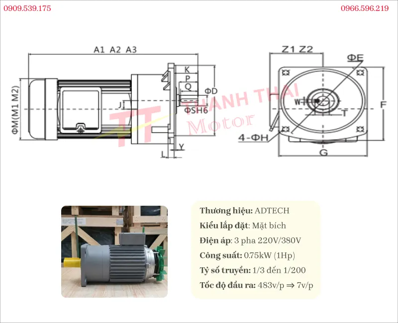 Technical specifications of flange-mounted 0.75kW 1Hp brake gear motor