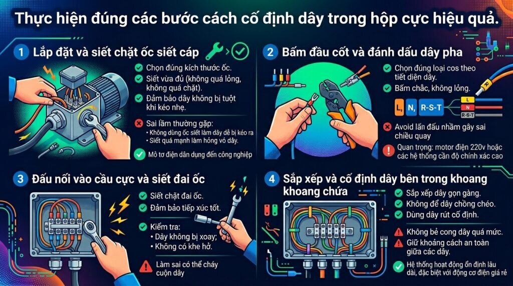 Thực hiện đúng các bước cách cố định dây trong hộp cực hiệu quả.