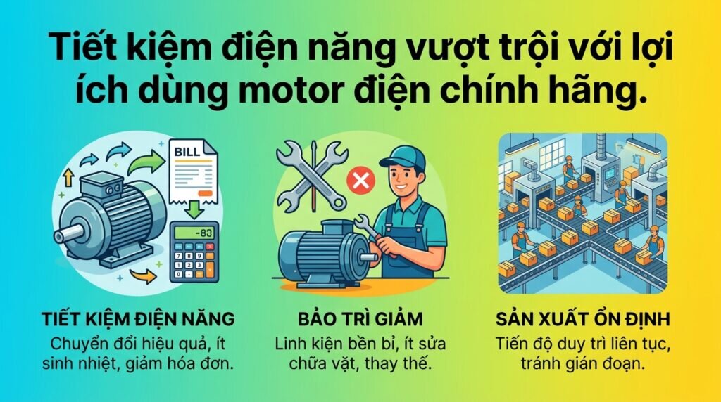 Tiết kiệm điện năng vượt trội với lợi ích dùng motor điện chính hãng.