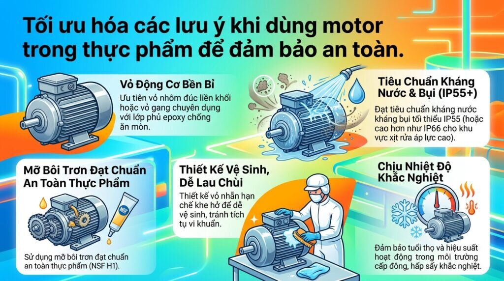 Tối ưu hóa các lưu ý khi dùng motor trong thực phẩm để đảm bảo an toàn.