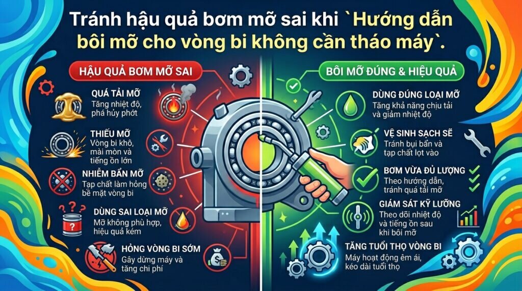 Tránh hậu quả bơm mỡ sai khi `Hướng dẫn bôi mỡ cho vòng bi không cần tháo máy`.
