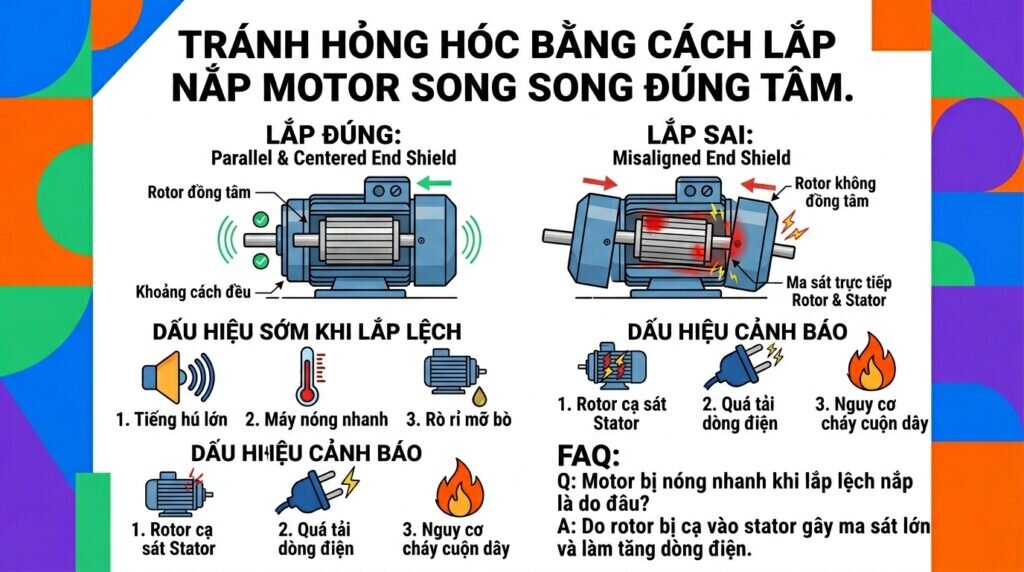 Tránh hỏng hóc bằng cách lắp nắp motor song song đúng tâm.