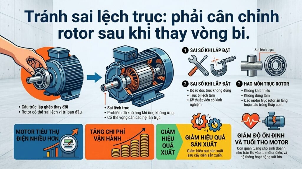 Tránh sai lệch trục: phải cân chỉnh rotor sau khi thay vòng bi.