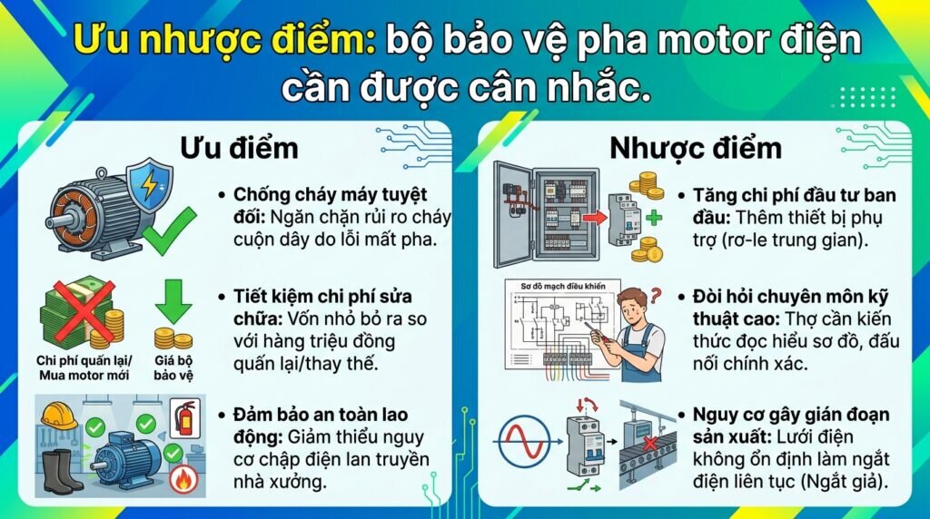Ưu nhược điểm: bộ bảo vệ pha motor điện cần được cân nhắc.