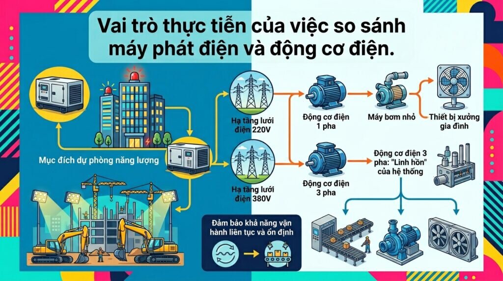Vai trò thực tiễn của việc so sánh máy phát điện và động cơ điện.