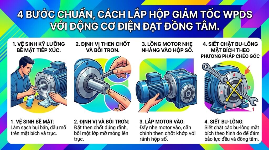 4 bước chuẩn, cách lắp hộp giảm tốc WPDS với động cơ điện đạt đồng tâm.