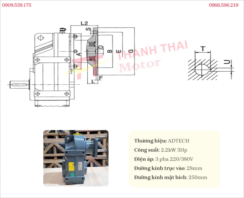 Drawing and specifications of the heavy duty F-Series Parallel Shaft Helical Gearbox 2.2kW