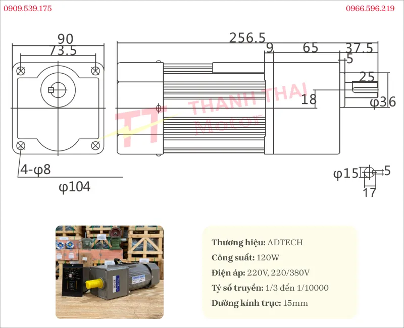 Bản vẽ và thông số kỹ thuật của motor giảm tốc mini 120w