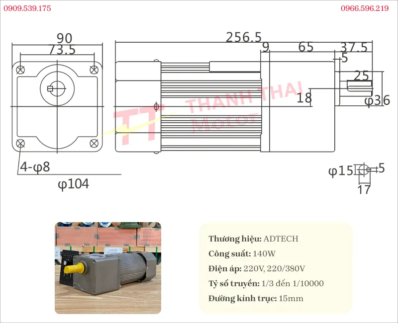 Bản vẽ và thông số kỹ thuật của motor giảm tốc mini 140w