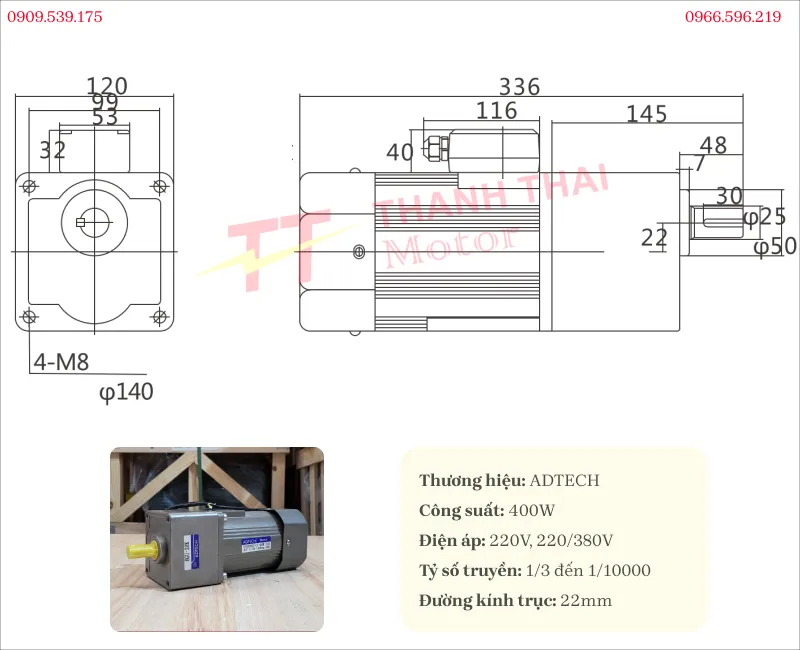Bản vẽ và thông số kỹ thuật của motor giảm tốc mini 400w