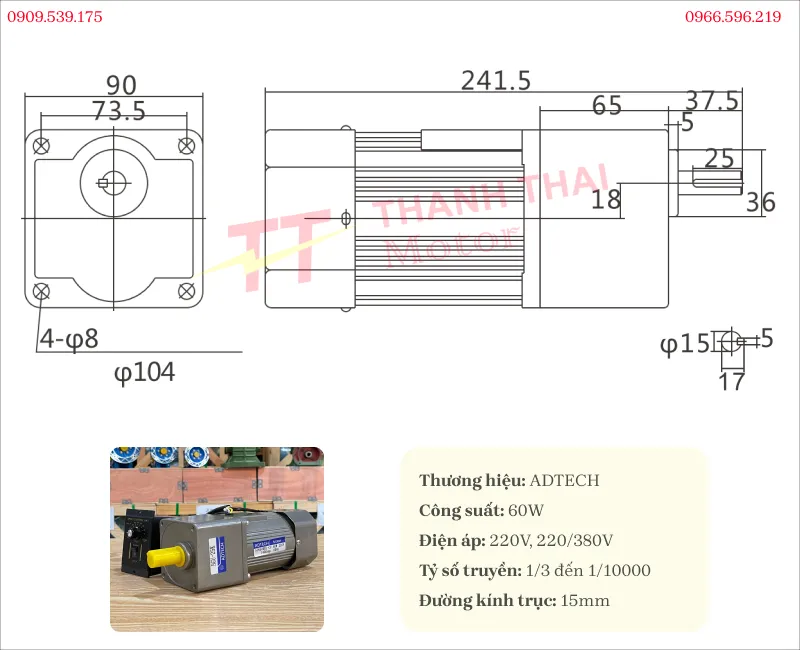 Bản vẽ và thông số kỹ thuật của motor giảm tốc mini 60w