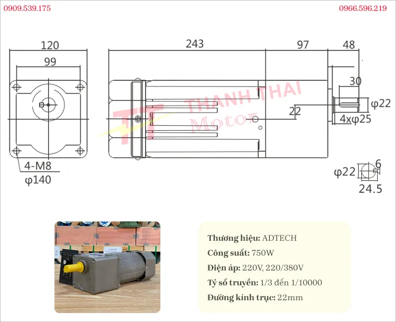 Bản vẽ và thông số kỹ thuật của motor giảm tốc mini 750w