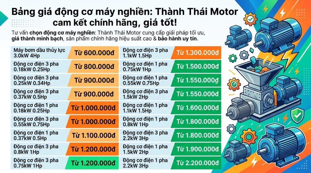 Bảng giá động cơ máy nghiền: Thành Thái Motor cam kết chính hãng, giá tốt!