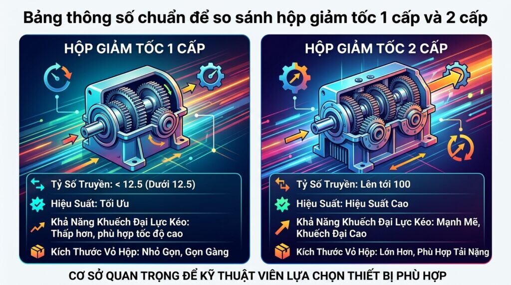 Bảng thông số chuẩn để so sánh hộp giảm tốc 1 cấp và 2 cấp