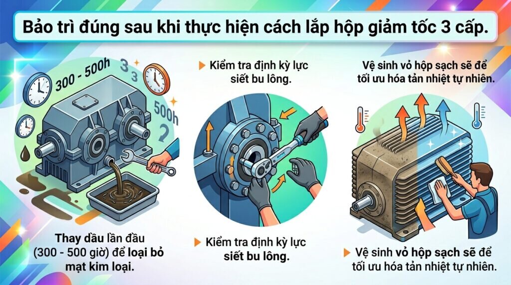 Bảo trì đúng sau khi thực hiện cách lắp hộp giảm tốc 3 cấp.
