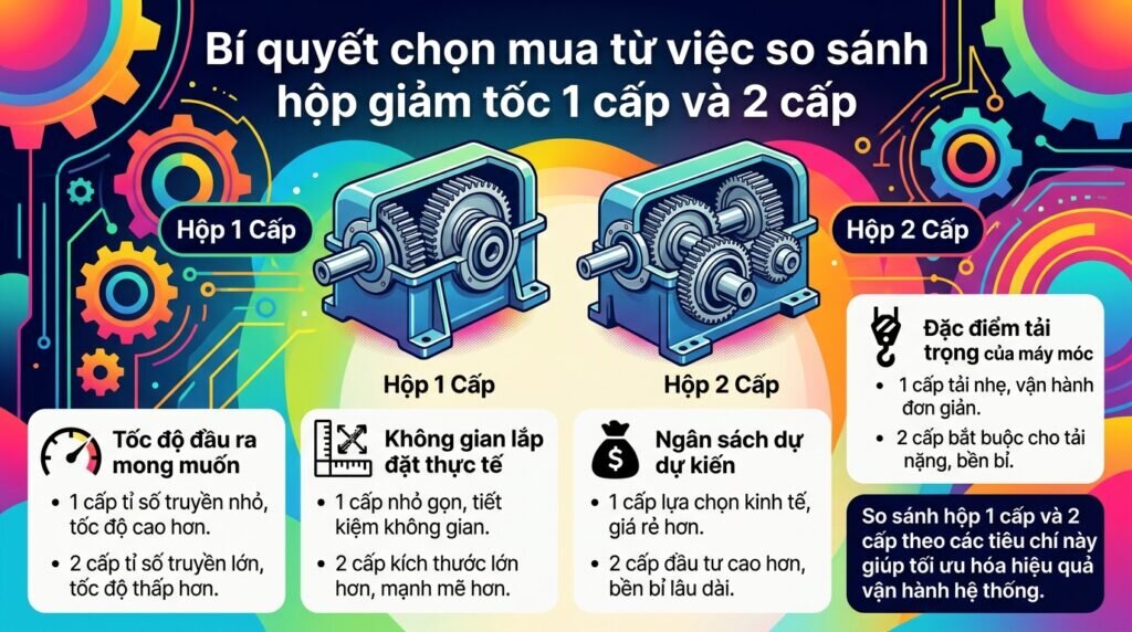 Bí quyết chọn mua từ việc so sánh hộp giảm tốc 1 cấp và 2 cấp