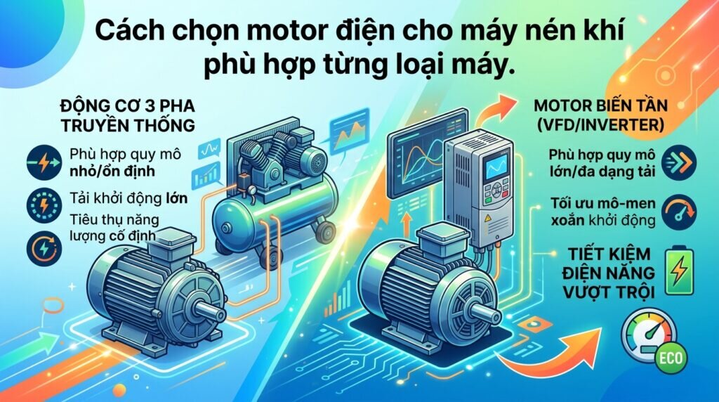 Cách chọn motor điện cho máy nén khí phù hợp từng loại máy.