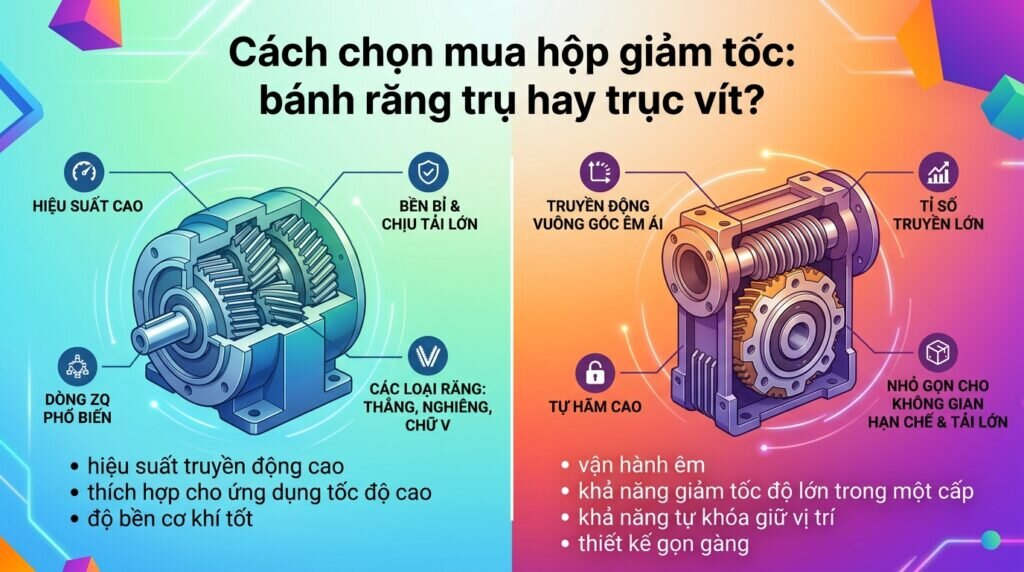 Cách chọn mua hộp giảm tốc: bánh răng trụ hay trục vít?