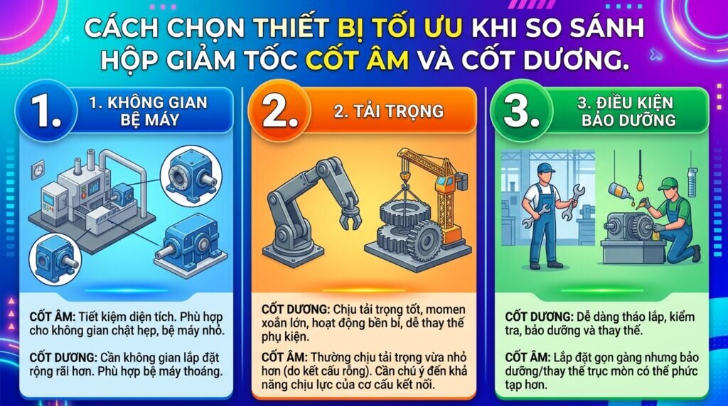 Cách chọn thiết bị tối ưu khi so sánh hộp giảm tốc cốt âm và cốt dương.