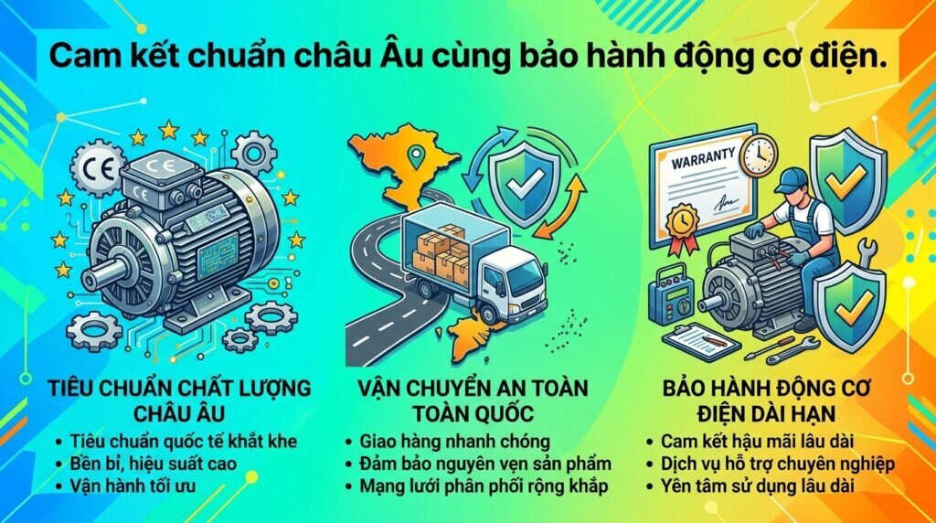 Cam kết chuẩn châu Âu cùng bảo hành động cơ điện.