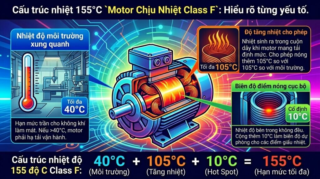 Cấu trúc nhiệt 155°C `Motor Chịu Nhiệt Class F`: Hiểu rõ từng yếu tố.