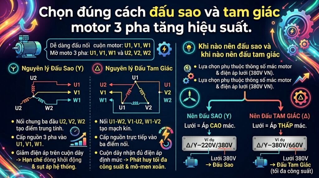 Chọn đúng cách đấu sao và tam giác motor 3 pha tăng hiệu suất.