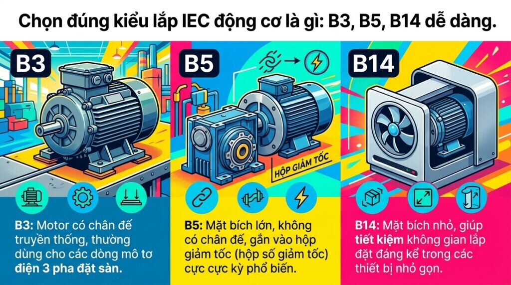 Chọn đúng kiểu lắp `IEC động cơ là gì`: B3, B5, B14 dễ dàng.