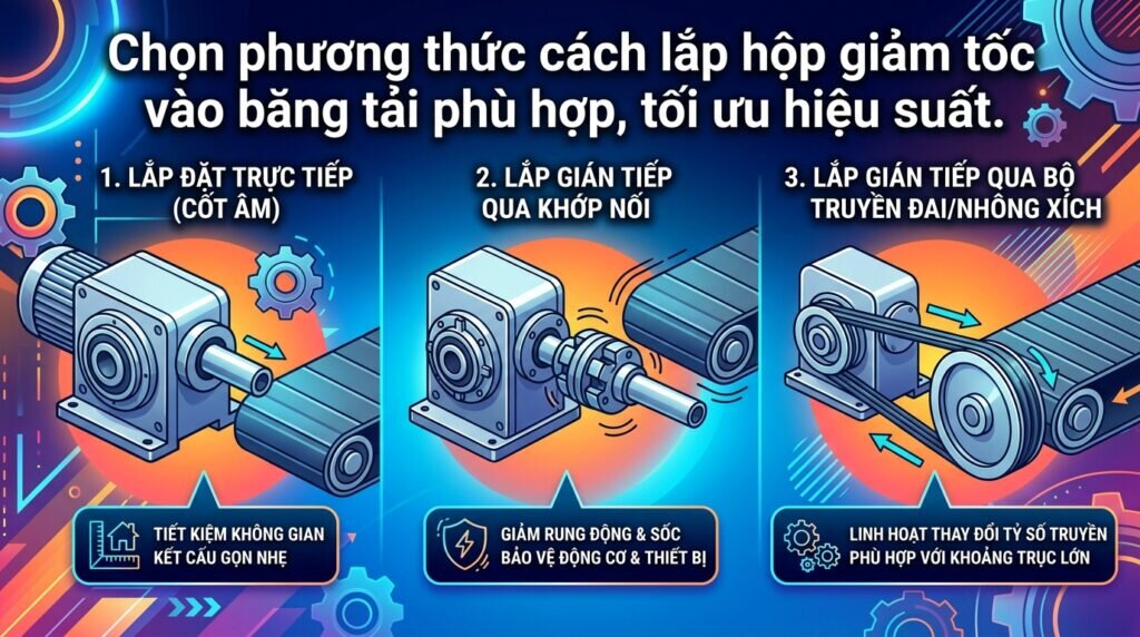 Chọn phương thức cách lắp hộp giảm tốc vào băng tải phù hợp, tối ưu hiệu suất.