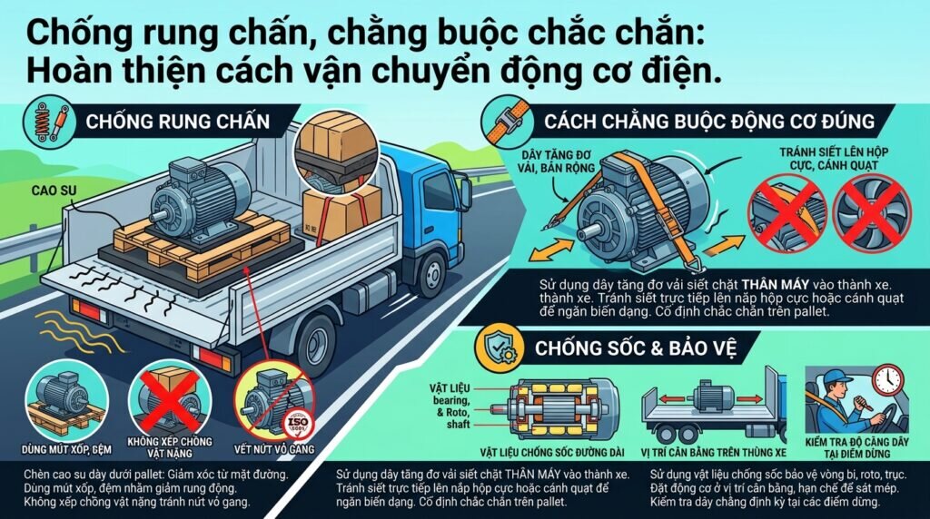 Chống rung chấn, chằng buộc chắc chắn: Hoàn thiện cách vận chuyển động cơ điện.