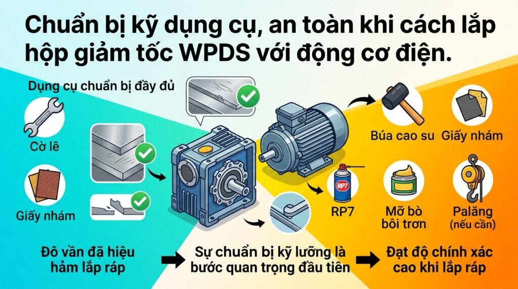 Chuẩn bị kỹ dụng cụ, an toàn khi cách lắp hộp giảm tốc WPDS với động cơ điện.